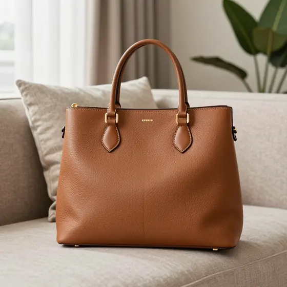 Tan leather handbag on a sofa before background removal