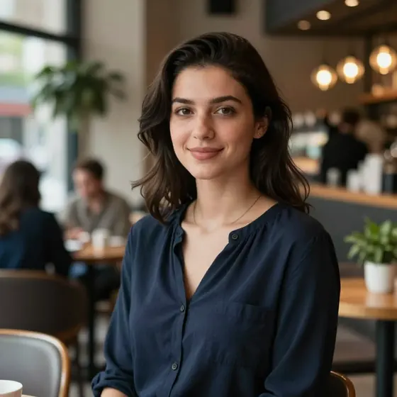 Portrait of a woman in a cafe before background removal