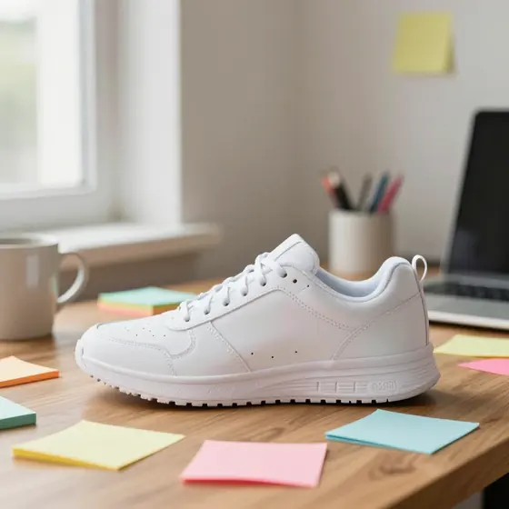 White sneaker on a cluttered desk before background removal